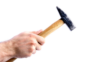 hand holding hammer isolated on white background