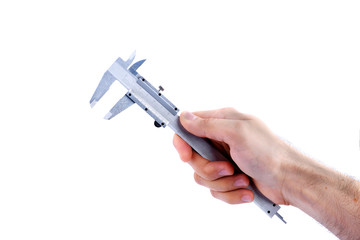 han holding caliper tool isolated on white background