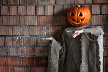 pumpkin head monster sign hand space halloween