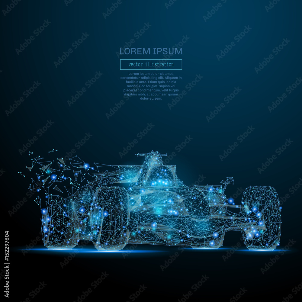 Aufkleber polygonal f1 car. speed concept. vector bolide mesh spheres from flying debris. thin line concept. b