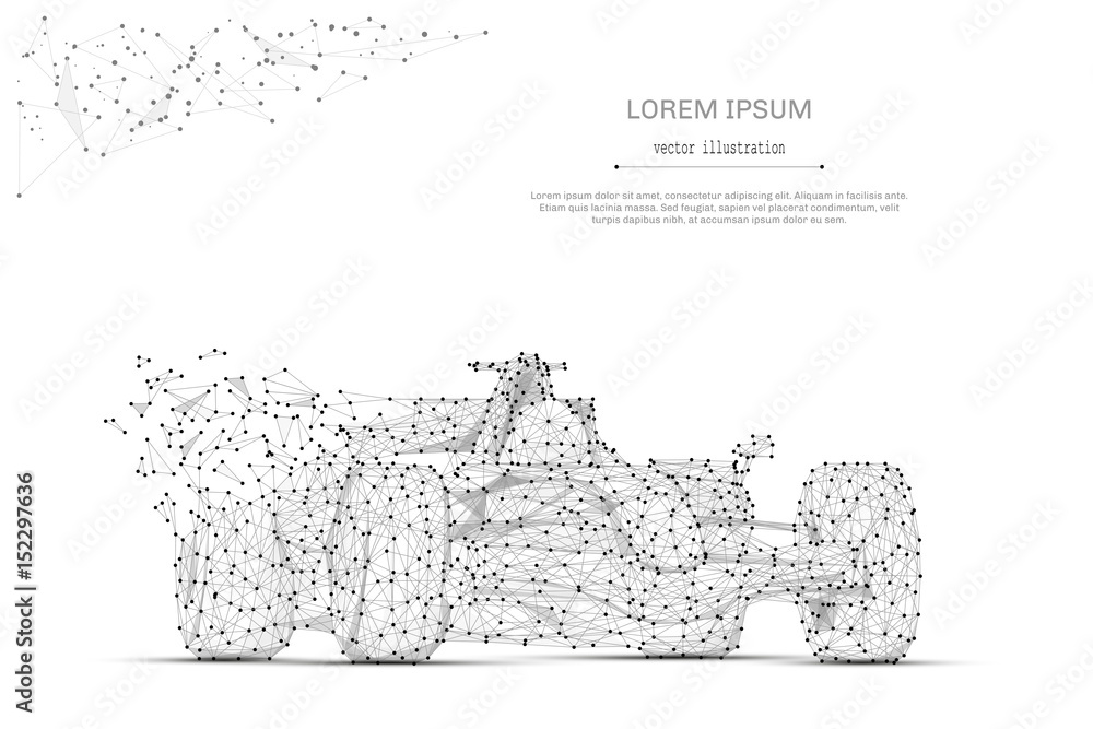 Poster abstract mash line and point f1 car on white background with an inscription. bolide starry sky or sp