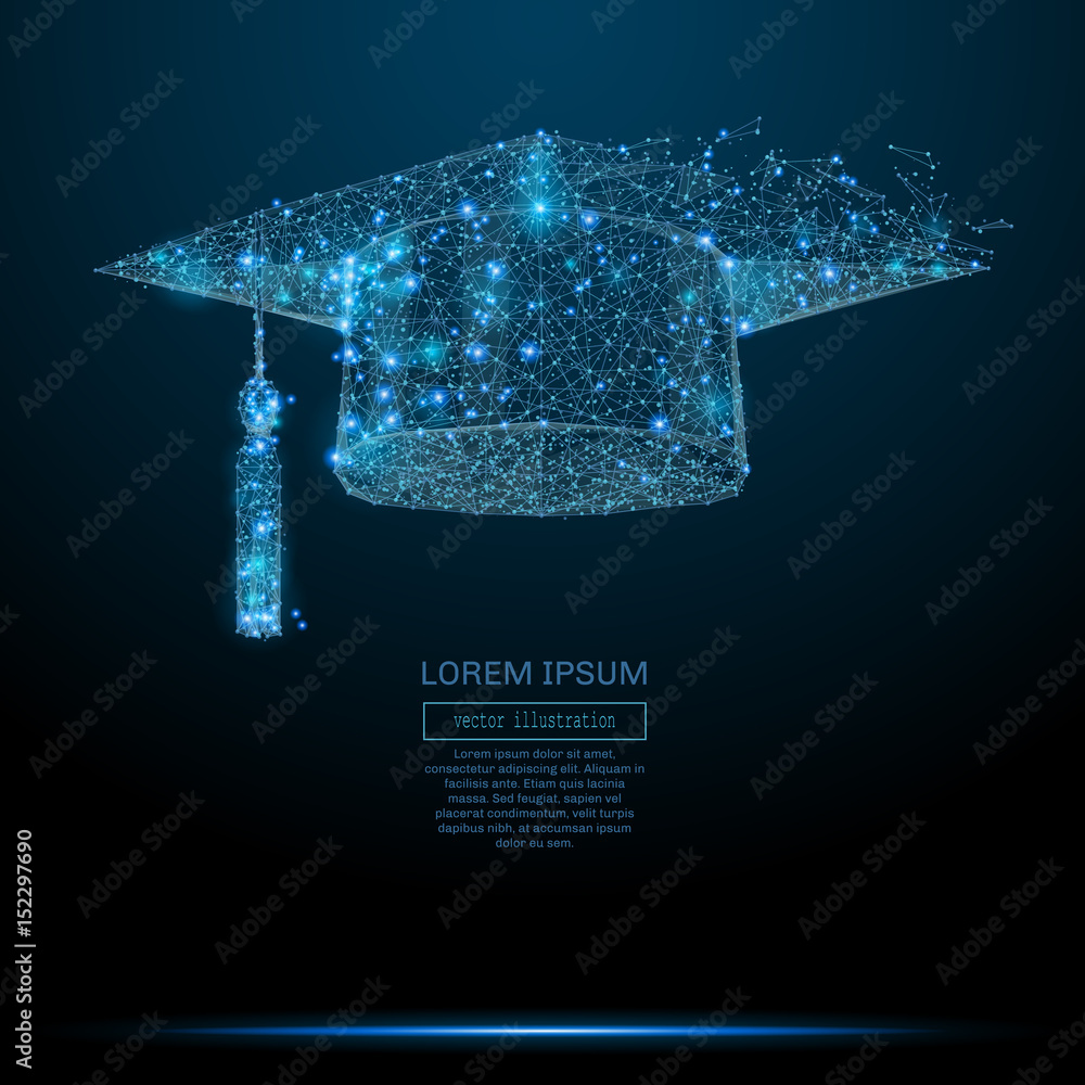 Aufkleber Polygonal Graduation cap. Business concept. Vector mesh spheres from flying debris. Thin line concept. Blue structure style illustration