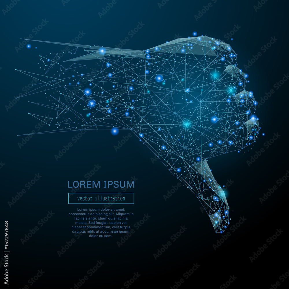 Poster polygonal hand with thumb down. business concept. vector mesh spheres from flying debris. thin line 