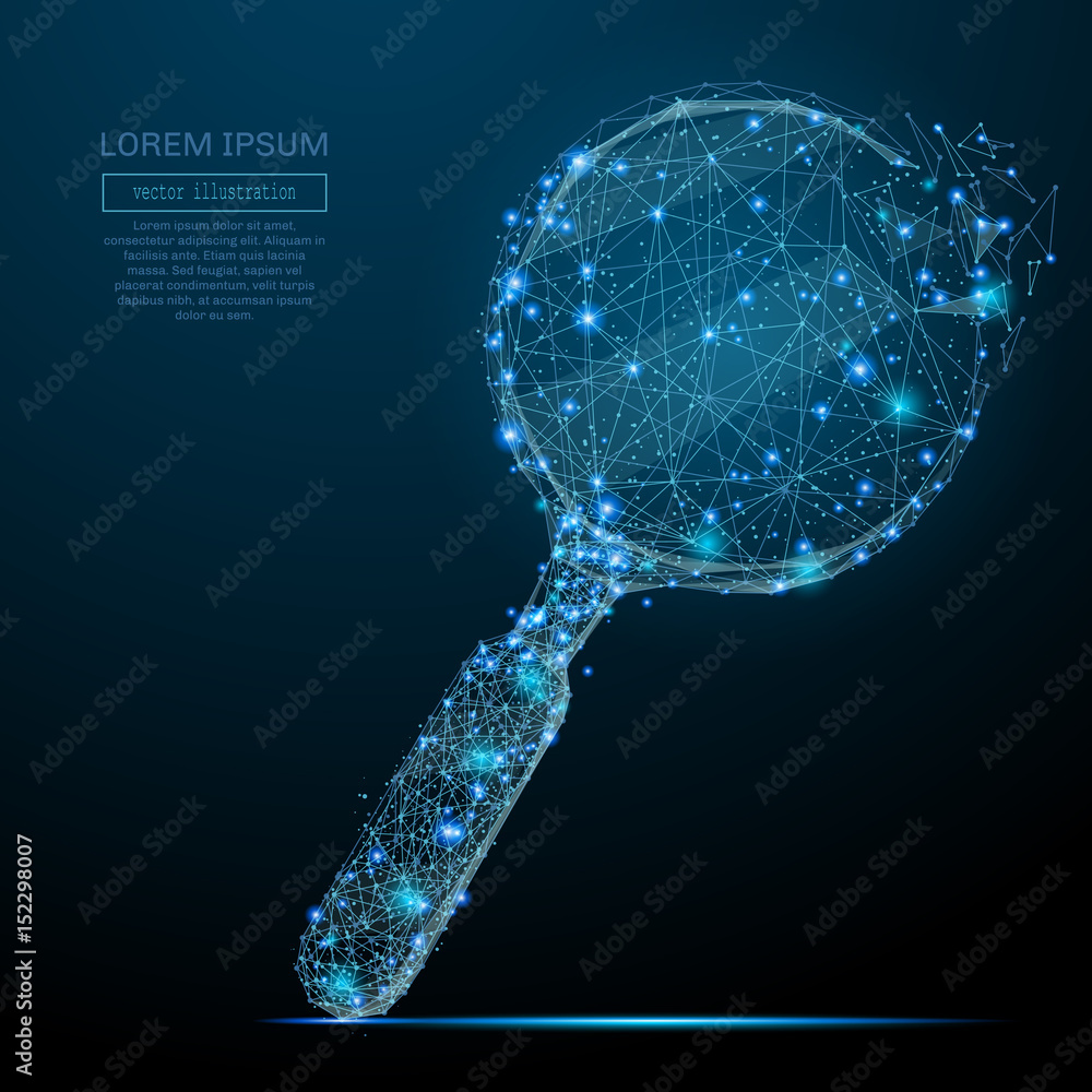 Aufkleber Polygonal magnifying glass. Business concept. Vector mesh spheres from flying debris. Thin line concept. Blue structure style illustration