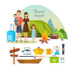 Family of tourists with luggage, engaged in hiking, camping.