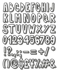 Thick Doodle Handwritten Outline with Drop Shadow Alphabet, Numbers & Signs with Marker Pen