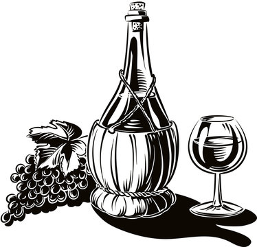 bunch of grapes ripe and a black wine bottle and a glass of red wine.