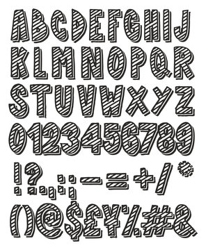 Thick Doodle Handwritten Outline & Stripe Fill with Drop Shadow Alphabet, Numbers & Signs with Marker Pen