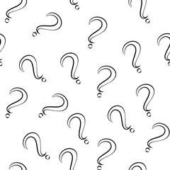 Seamless pattern with question marks. Same sizes small. White marks with black stroke. Vector illustration