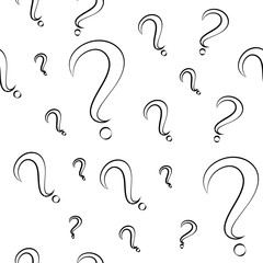 Fototapeta premium Seamless pattern with question marks. Different sizes. White marks with black stroke. Vector illustration
