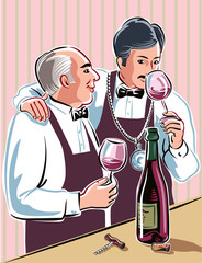 Two wine taster,intent to taste some good wine from a bottle just uncorked.