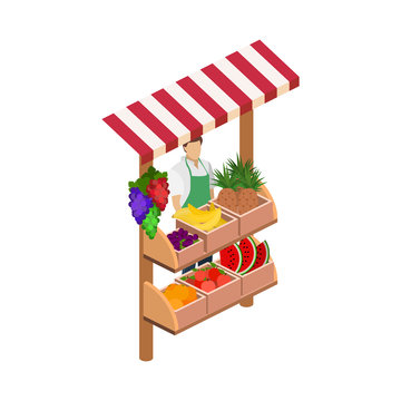 Isometric flat 3D isolated concept vector fruit stand.