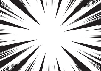 Background of radial lines for comic books. Manga speed frame, superhero action, explosion background. Black and white vector illustration