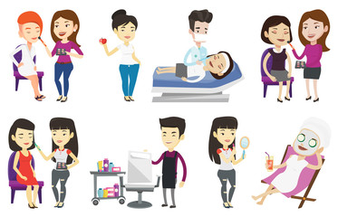 Vector set of people during beauty procedures.