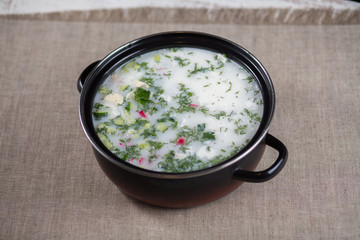 Cold radish soup potatoes chicken a cucumber and greens on kefir