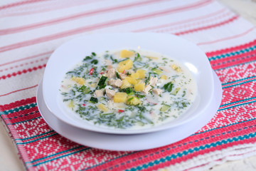 Cold radish soup potatoes chicken a cucumber and greens on kefir
