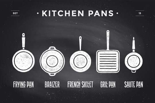 Set of kitchen pans. Poster Kitchenware - Pans, grill, pot. Vintage typographic hand-drawn pans silhouette on black chalkboard for restaurant menu, graphic design. Food theme. Vector Illustration