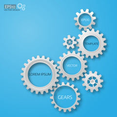 Vector illustration of realistic 3d gears on blue background.