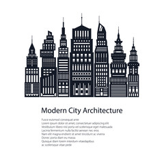 Flyer Modern Big City , Poster Architecture Megapolis with Buildings and Skyscraper and Text, City Financial Center , Brochure Design, Black and White Vector Illustration