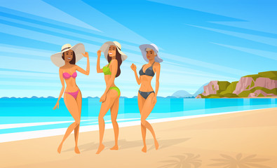 Three Woman In Bikini On Beach, Sexy Girls Wear Hat On Summer Sea Vacation Flat Vector Illustration