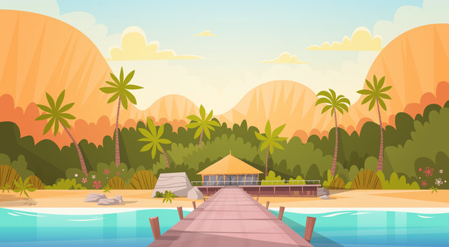 Tropical Beach With Water Bungalow House Landscape, Summer Travel Vacation Concept Flat Vector Illustration