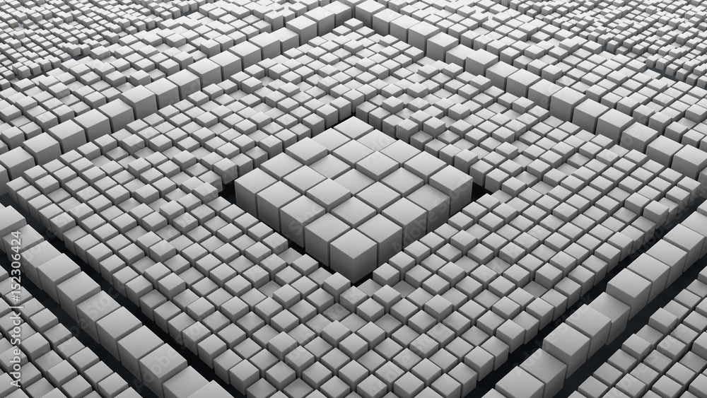 Poster huge amount of randomly moved cubes with different size. 3d render abstract background. massive of c