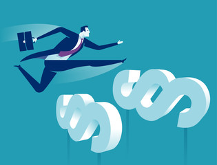 Overcoming the law obstacles. Manager jumping over paragraphs. Business vector concept illustration