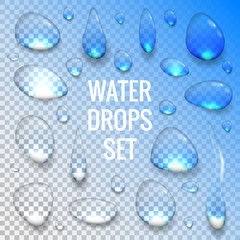 Realistic transparent drops of water with radiant reflections isolated objects
