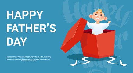 Happy Father Day Family Holiday, Small Son In Present Box Greeting Card Flat Vector Illustration