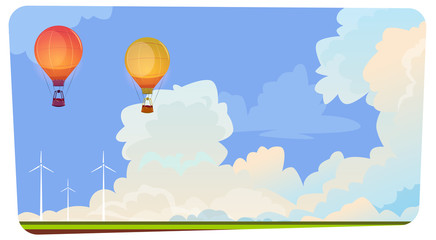 Colorful Air Balloons Flying In Sky Over Summer Landscape Flat Vector Illustration