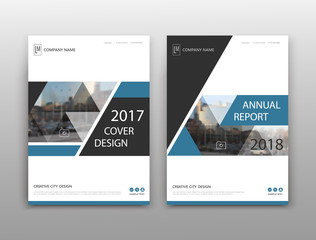 Abstract binder layout. Blue a4 brochure cover design. Fancy info text frame. Creative ad flyer font. Title sheet model set. Modern vector front page. Elegant city banner. Yellow triangle figure icon