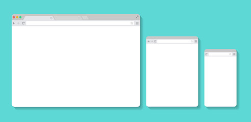 Set of Flat blank browser windows for different devices. Vector. Computer, tablet, phone sizes. Device Icons: smart phone, tablet and desktop computer. Vector illustration of responsive web design. - obrazy, fototapety, plakaty