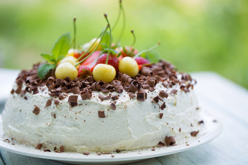 cake with fresh strawberry. Top view