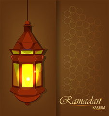 Ramadan Kareem beautiful greeting card with traditional Arabic lantern on brown background. Muslim traditional holiday. Vector.