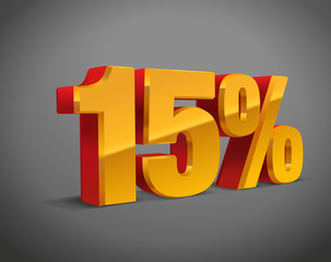 15% percent off, sale background, red-golden-yellow object 3D. Eps10 Vector.
