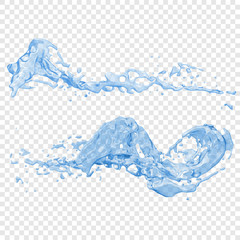 Transparent water splashes and drops in blue colors, isolated vector illustration