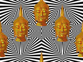 Seamless hippie pattern with Buddha head. Thai god, yoga zen. Esoteric background perfect for wallpaper, pattern fill, web page, surface texture, textile. Indian Buddhism spiritual art