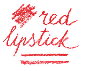 Vector lettering and streaks in lipstick. Handwritten texture inscription: red lipstick.