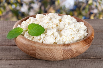Cottage cheese in a wooden bowl on board with blurred garden background