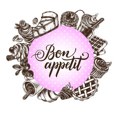 Background with Ink hand drawn food elements - pastry, desserts, hot drinks. Template for design of cards, banners, menu and signboards with brush calligraphy style lettering. Vector illustration.