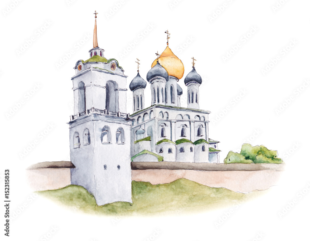 Wall mural Trinity Cathedral of Pskov Kremlin, Russian Orthodox church with golden domes, watercolor sketch illustration isolated on white background. Watercolor illustration of ancient Russian Orthodox church