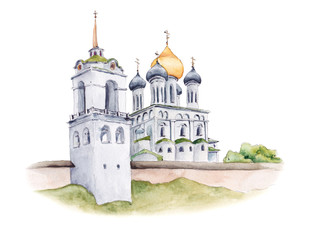 Trinity Cathedral of Pskov Kremlin, Russian Orthodox church with golden domes, watercolor sketch illustration isolated on white background. Watercolor illustration of ancient Russian Orthodox church