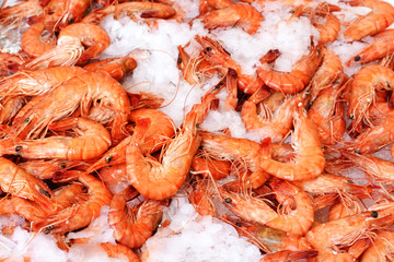 Fresh prawn shrimps on ice for sale at fish market