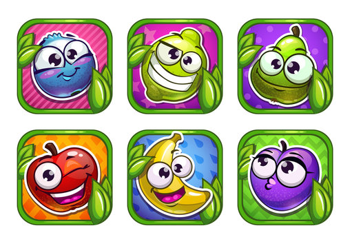 Bright cartoon app icons with funny fruits and berries