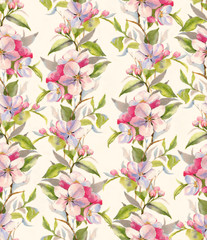 Hand-drawn seamless watercolor pattern with apple blossom. Spring tender background with pink apple flowers