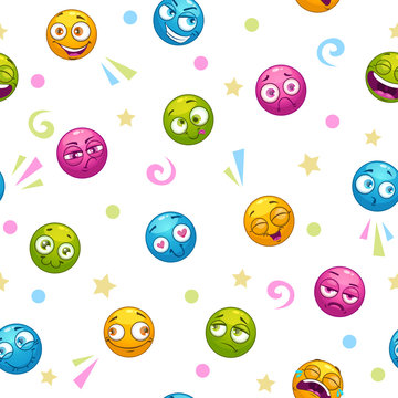 Seamless pattern with cute cartoon colorful round faces