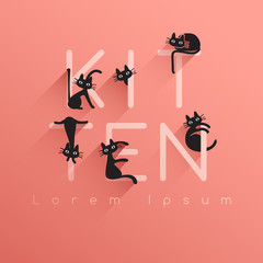 Black cats with the word "KITTEN" on pink background : Vector Illustration