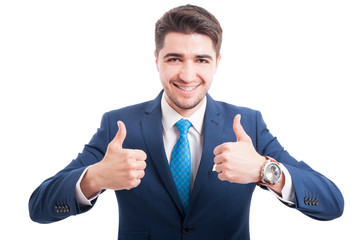 Lawyer in blue suit showing double thumbup gesture