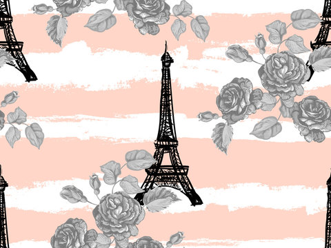 Seamless Paris pattern with Eiffel Tower and roses flowers. French vector background. Perfect for wallpapers, web page, surface textures, textile, invitations, clothing, cards, designs products