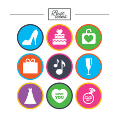 Wedding, engagement icons. Cake, gift box.